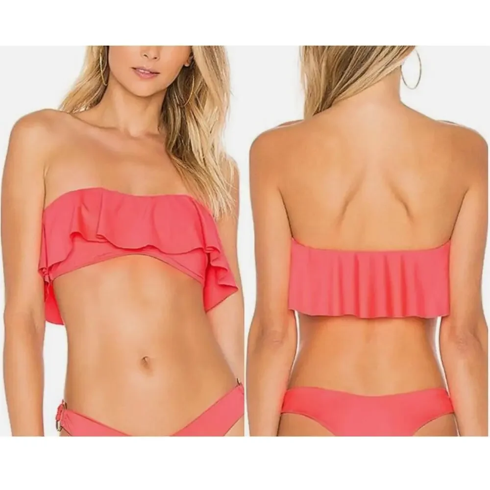 L*SPACE Lynn Bikini Top, Large Coral Pink Strapless Bandeau Style Ruffle Flounce